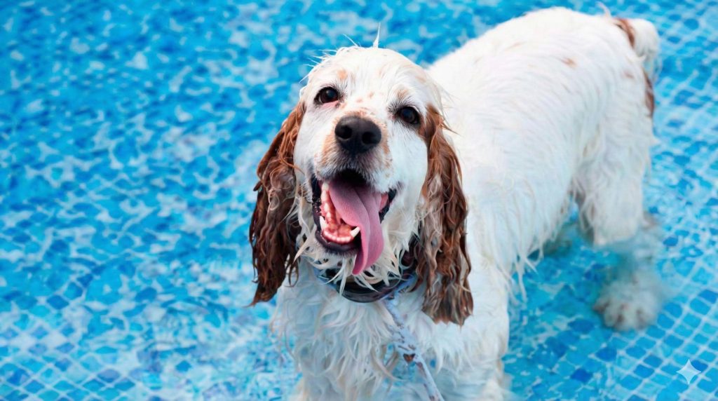 perro disfruntando la piscina en verano